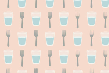Seamless pattern with forks and water glasses on pastel background