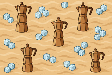 Seamless moka pots and ice cubes on sandy textured background