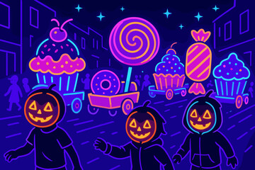 Neon Halloween parade with candy floats and pumpkin masks