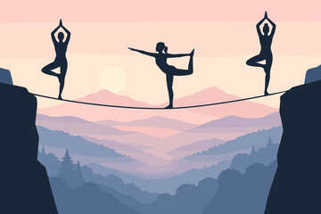 Yoga poses on tightrope over mountains at sunrise