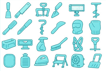 Blue illustrated icon set of tools, gear, and safety equipment