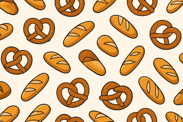 Cartoon seamless pattern of baguettes and pretzels
