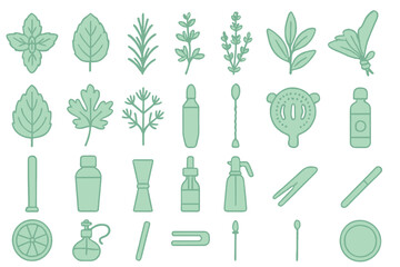 Green herbal and bartending icon set on soft gradient background