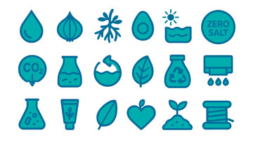 Blue eco-friendly and organic product icon set on teal background