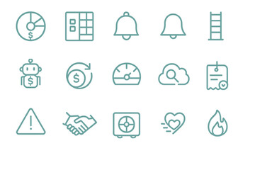 Set of glowing teal icons for finance, alerts, and automation