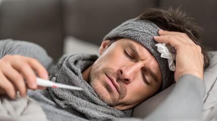 A man is lying in bed with the flu, a damp washcloth on his forehead to combat the fever and a thermometer in his hand
