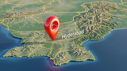 A detailed 3D render of a location pin on Hyderabad, India, highlighted on a regional topographic maps - Powered by Adobe