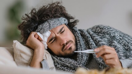 A man is lying in bed with the flu, a damp washcloth on his forehead to combat the fever and a thermometer in his hand