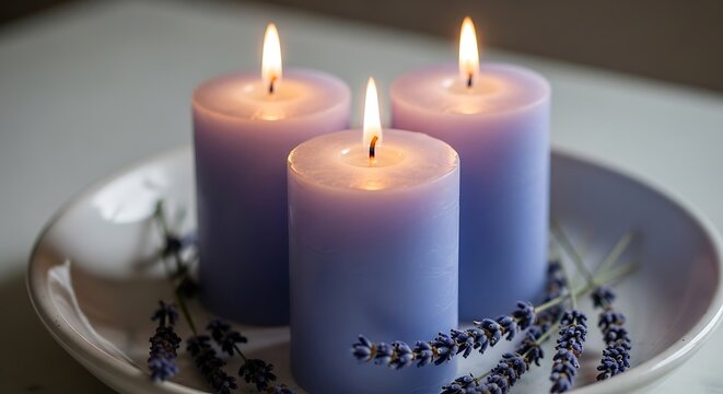 Photo of three lit purple pillar candles with lavender sprigs on a white plate, creating a serene and calming atmosphere for relaxation and aromatherapy