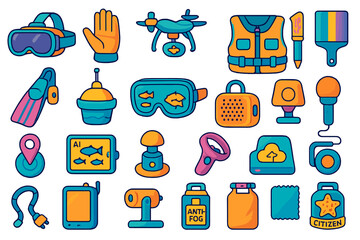 Colorful smart snorkeling and ocean tech icon set