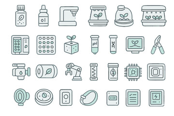 High-tech plant research and biotech lab icon set