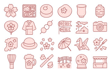 Cherry blossom festival icons with bold outlines on rose pink background