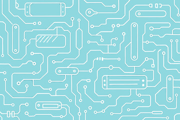 Seamless pattern of abstract circuit board layout on a light blue background