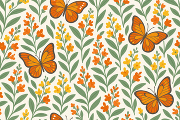 Seamless pattern of orange butterflies with yellow and orange wildflowers