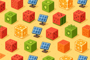 Seamless isometric pattern of fruit cubes and solar panels on a sandy background