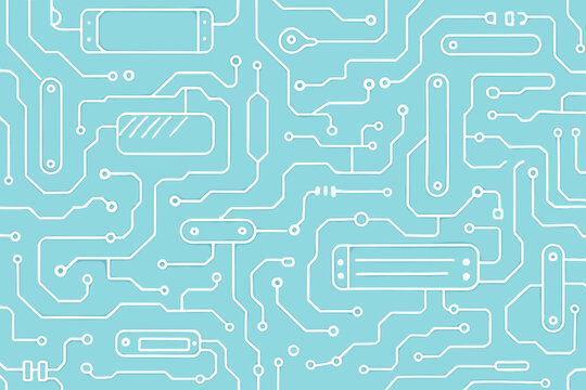 Seamless pattern of abstract circuit board layout on a light blue background