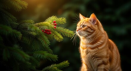 An orange tabby cat sits beside a green pine tree, curiously observing red berries. The scene captures a serene moment in nature.