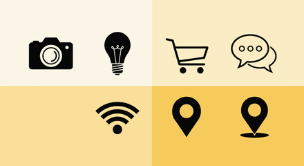 Minimalist icons set featuring camera, lightbulb, shopping cart, and more