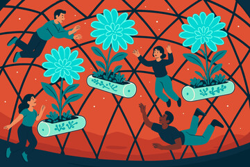 Astronauts float near glowing flowers in Mars dome habitat