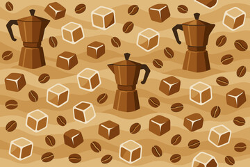 Seamless coffee pattern with moka pots, beans, and sugar cubes