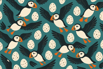 Seamless pattern of flying puffins with eggs on teal background