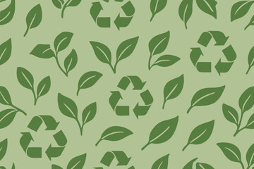 Seamless eco pattern with green leaves and recycle symbols
