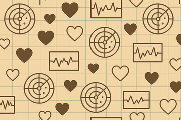 Seamless vintage pattern with hearts, radar, and ECG charts