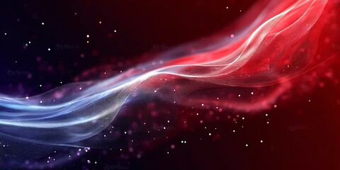 Abstract flowing red, white, and blue waves with glowing particles for patriotic themes.
