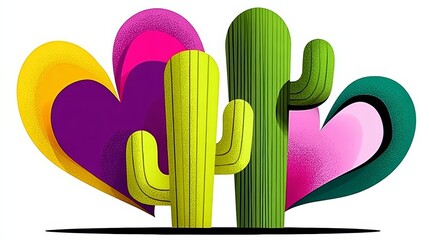 Two cacti with hearts in between them. The cacti are green and purple