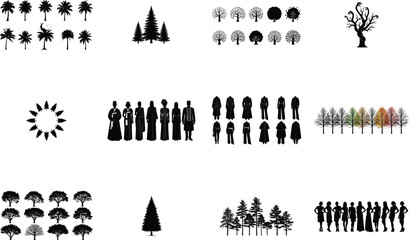 Diverse silhouettes of trees people and clothing fashion