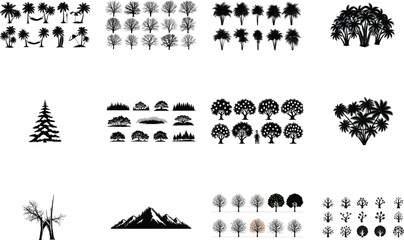 Diverse tree and nature silhouettes trees palms
