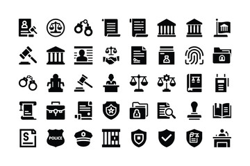 Law justice and court vector icons in glyph design style exactly hundred characters