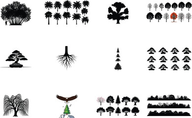 Diverse Tree Silhouettes and Nature Elements palm bonsai