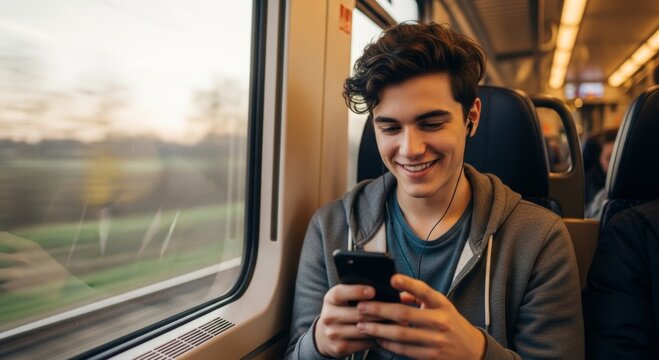 Young caucasian male on train using smartphone, listening to music and smiling - Powered by Adobe