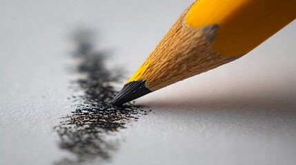 Close up extreme detail of a yellow graphite pencil drawing a dark textured line on white paper