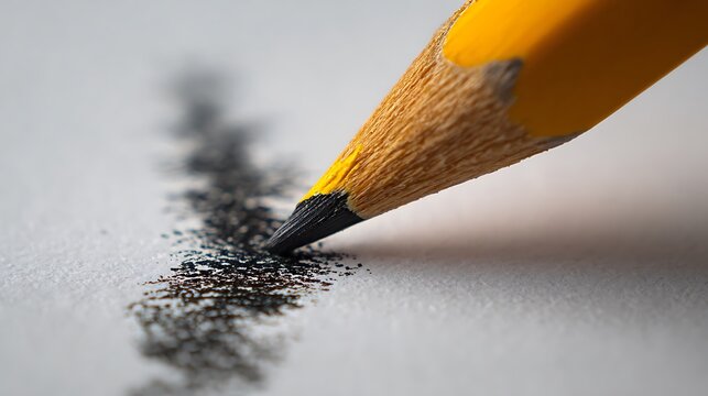 Close up extreme detail of a yellow graphite pencil drawing a dark textured line on white paper