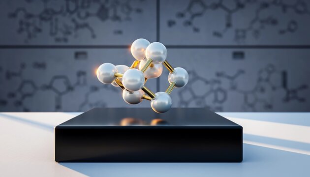 A minimalist and elegant close-up of a three-dimensional ball-and-stick molecular model with gold and silver accents,