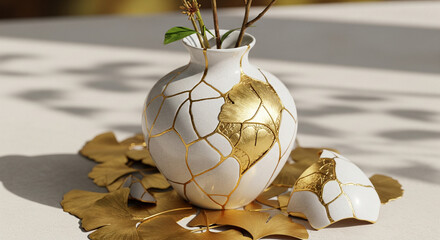 White Ceramic Vase Repaired in the Kintsugi Gold Art Style
A captivating close-up photograph of a white ceramic vase meticulously repaired using the Kintsugi technique