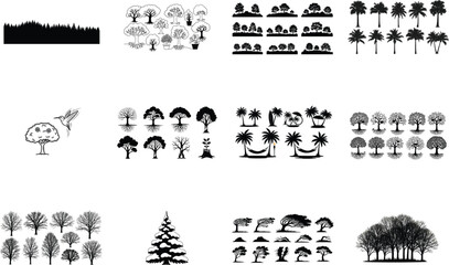 Diverse tree silhouettes and nature scenes forest palm