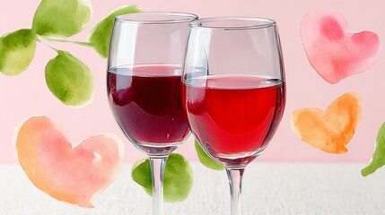 Two wine glasses with red wine in them, one of which has a heart on it. The image is a watercolor painting of wine glasses and hearts