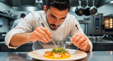 Young hispanic male chef perfecting scallop presentation in professional kitchen