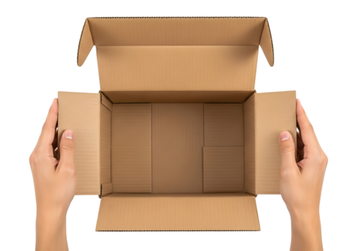 Hands holding open a cardboard shipping box viewed from above with internal dividers isolated on a transparent background