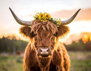 Close-up of a shaggy cow wearing a flower crown at sunset