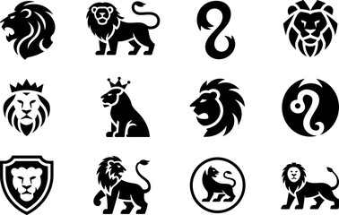 Collection of diverse lion logo designs in minimalist black silhouette style © Mdaminul