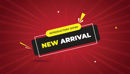 new arrival web banner vector art template design badge icon label black gray yellow white bold text dark red light sun shine abstract shapes business background promotional offer modern creative mark