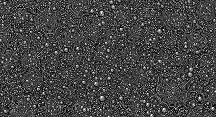 Intricate seamless pattern featuring numerous droplets settled upon overlapping cobwebs in monochromatic tones
