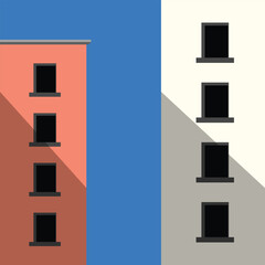 Modern minimalist building illustration collection featuring geometric architecture, clean flat vector. Geometric Modern Architecture Illustration. Minimal Colorful Building on a Sunny Day.