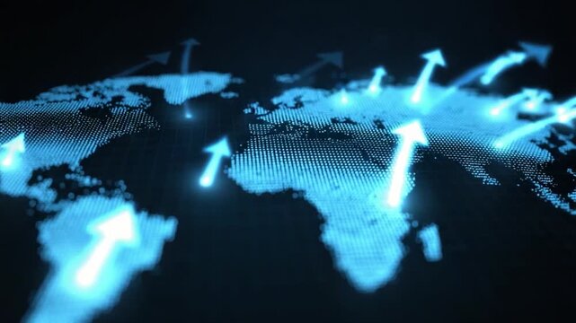Global Expansion: The world map illuminates, with luminous arrows ascending from various points, symbolizing global expansion, growth, and the upward trajectory of progress. 