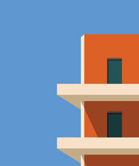Modern minimalist building illustration collection featuring geometric architecture, clean flat vector. Geometric Modern Architecture Illustration. Minimal Colorful Building on a Sunny Day.