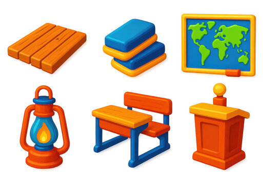 Variety of school-related items, including a desk, a chair, a globe